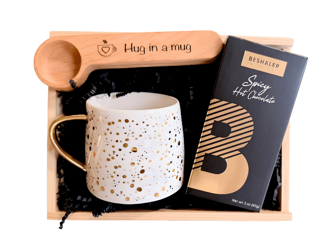 Gift set with golden dots mug, wooden spoon, and spicy hot chocolate package, personalized